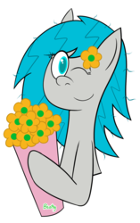 Size: 1157x1837 | Tagged: safe, artist:b-cacto, oc, oc only, oc:marigold earth tulip hosta, pony, flower, flower in hair, one eye closed, simple background, smiling, solo, transparent background, wink