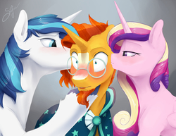 Size: 1980x1530 | Tagged: safe, artist:silfoe, princess cadance, shining armor, sunburst, alicorn, pony, unicorn, g4, bedroom eyes, bisexual, bisexual male, blushing, cheek kiss, commission, description is relevant, female, fluffy, gay, gay in front of girls, glasses, gray background, kiss sandwich, kissing, leg fluff, male, mare, open mouth, ot3, polyamory, shiningburst, shiningburstdance, shipping, simple background, smiling, stallion, story included, straight, sundence, surprise kiss, surprised, teasing, this will end in snu snu, unshorn fetlocks, wide eyes
