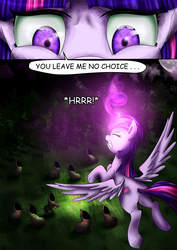 Size: 4299x6071 | Tagged: safe, artist:candyclumsy, twilight sparkle, alicorn, pony, comic:curse and madness, g4, absurd resolution, ambiguous gender, cloak, close-up, clothes, comic, cultist, dark, female, flying, forest, hooded cape, magic, mare, mlpcam, night, twilight sparkle (alicorn)
