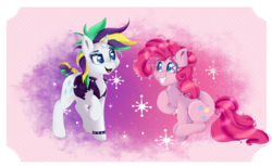 Size: 2636x1621 | Tagged: safe, artist:sinalaa, pinkie pie, rarity, pony, g4, it isn't the mane thing about you, abstract background, alternate hairstyle, couple, cute, eyelashes, female, glowing, happy, lesbian, looking at each other, mare, punk, raised hoof, raripunk, ship:raripie, shipping, smiling