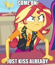 Size: 500x592 | Tagged: safe, sunset shimmer, human, equestria girls, equestria girls specials, g4, my little pony equestria girls: better together, my little pony equestria girls: rollercoaster of friendship, angry, image macro, implied lesbian, implied rarijack, implied shipping, meme, shipper on deck, sunset shipper