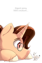Size: 3300x5000 | Tagged: safe, artist:kiarawizard01, oc, oc only, pony, unicorn, animal, female, giant pony, glasses, looking at each other, macro, mare, micro, simple background, solo, white background