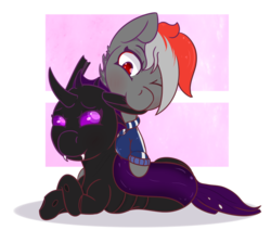 Size: 1300x1102 | Tagged: safe, artist:lazerblues, oc, oc only, changeling, biting, blushing, clothes, cute, ear bite, fangs, hoodie, one eye closed, purple changeling, simple background, transparent background