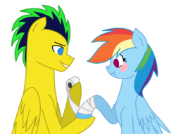 Size: 1112x848 | Tagged: artist needed, safe, rainbow dash, oc, pony, g4, bandage, blushing, canon x oc, cute, shipping