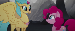 Size: 1920x804 | Tagged: safe, screencap, pinkie pie, princess skystar, classical hippogriff, hippogriff, g4, my little pony: the movie, duo, duo female, eye contact, female, jewelry, looking at each other, necklace, open mouth, open smile, shell necklace, smiling, this will end in grounding