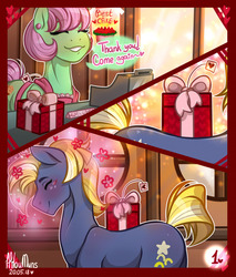 Size: 1280x1501 | Tagged: safe, artist:hiloumuns, star tracker, pony, comic:twitracker valentine's day, g4, blushing, building, cake, cash register, comic, dialogue, female, food, hearts and hooves day, holiday, male, present, ship:twitracker, shipping, shop, valentine's day