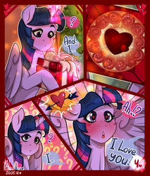 Size: 1280x1501 | Tagged: safe, artist:hiloumuns, star tracker, twilight sparkle, alicorn, earth pony, pony, comic:twitracker valentine's day, g4, abstract background, arrow, arrow through heart, blushing, building, cake, comic, confession of love, dialogue, female, food, golden oaks library, heart, heart eyes, hearts and hooves day, holiday, male, present, ship:twitracker, shipping, twilight sparkle (alicorn), valentine's day, wingding eyes