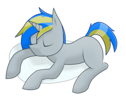 Size: 2094x1675 | Tagged: safe, artist:seriousmawri, oc, oc only, pony, unicorn, adorable face, bed, blue hair, cute, male, simple background, sleeping, solo, stallion, transparent background, yellow hair