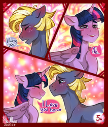Size: 1280x1501 | Tagged: safe, artist:hiloumuns, star tracker, twilight sparkle, alicorn, earth pony, pony, comic:twitracker valentine's day, g4, abstract background, blushing, comic, confession of love, crying, dialogue, female, golden oaks library, heart, heart eyes, hearts and hooves day, holiday, male, ship:twitracker, shipping, tears of joy, twilight sparkle (alicorn), valentine's day, wingding eyes