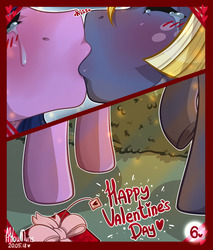 Size: 1280x1501 | Tagged: safe, artist:hiloumuns, star tracker, twilight sparkle, alicorn, earth pony, pony, comic:twitracker valentine's day, g4, blushing, comic, crying, dialogue, eyes closed, female, heart, hearts and hooves day, holiday, kissing, male, present, ship:twitracker, shipping, tears of joy, twilight sparkle (alicorn), valentine's day