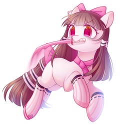 Size: 2000x2000 | Tagged: safe, artist:leafywind, oc, oc only, earth pony, pony, bow, clothes, colored pupils, female, hair bow, hairband, high res, mare, mouth hold, simple background, smiling, socks, solo, starry eyes, sword, tail band, tail bow, weapon, white background, wingding eyes