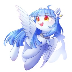 Size: 2000x2000 | Tagged: safe, artist:leafywind, oc, oc only, pegasus, pony, choker, colored pupils, female, flying, high res, looking up, mare, open mouth, simple background, smiling, solo, spread wings, starry eyes, white background, wingding eyes, wings