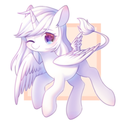 Size: 2000x2000 | Tagged: safe, artist:leafywind, oc, oc only, alicorn, pony, abstract background, alicorn oc, colored pupils, ear fluff, female, high res, leonine tail, mare, one eye closed, simple background, smiling, solo, starry eyes, transparent background, wingding eyes, wink