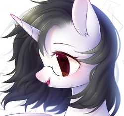 Size: 1500x1400 | Tagged: safe, artist:leafywind, oc, oc only, alicorn, pony, abstract background, alicorn oc, bust, colored pupils, ear fluff, female, glasses, mare, open mouth, portrait, profile, smiling, solo, starry eyes, windswept mane, wingding eyes