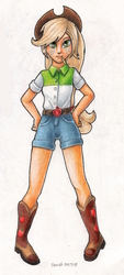 Size: 700x1545 | Tagged: safe, artist:andpie, applejack, equestria girls, g4, boots, clothes, cowboy hat, female, freckles, hat, haystick, looking at you, shorts, solo, stetson, traditional art