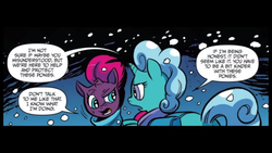 Size: 1280x720 | Tagged: safe, artist:andypriceart, official comic, glitter drops, tempest shadow, pony, g4, idw, spoiler:comic, spoiler:comic67, angry, argument, broken horn, clothes, comic, duo, eye scar, female, horn, mare, saddle bag, scar, scarf, snow, speech bubble, tempest's tale