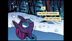 Size: 1280x720 | Tagged: safe, artist:andy price, idw, official comic, tempest shadow, pony, g4, spoiler:comic, spoiler:comic67, broken horn, cropped, ears up, eye scar, faic, female, horn, mare, scar, scared, snow, solo, tempest's tale
