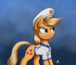 Size: 2167x1847 | Tagged: safe, artist:ironbeastz, applejack, earth pony, pony, g4, female, sailor uniform, solo