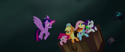 Size: 1920x804 | Tagged: safe, screencap, applejack, fluttershy, pinkie pie, rainbow dash, rarity, spike, twilight sparkle, alicorn, pony, g4, my little pony: the movie, female, flying, glowing horn, horn, hot air balloon, mane seven, mane six, mare, spread wings, twilight sparkle (alicorn), wings