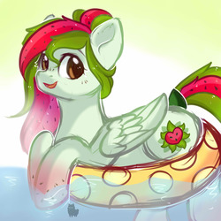 Size: 5000x5000 | Tagged: safe, artist:alphadesu, oc, oc only, oc:watermelana, pony, absurd resolution, floating, freckles, gradient hooves, inflatable, inner tube, ocean, pool toy, sketch, smiling, solo, swimming