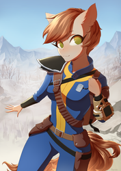 Size: 905x1280 | Tagged: safe, artist:glorious-rarien, oc, oc only, earth pony, anthro, fallout equestria, anthro oc, clothes, female, jumpsuit, looking at you, mare, pipboy, short hair, smiling, solo, vault suit