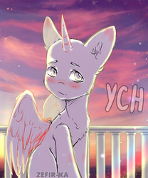 Size: 1825x2190 | Tagged: safe, artist:zefirka, pony, advertisement, commission, solo, sunset, your character here
