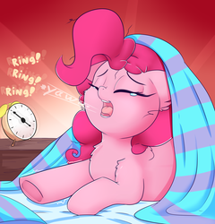 Size: 2300x2400 | Tagged: safe, artist:madacon, pinkie pie, earth pony, pony, g4, alarm clock, bed, blanket, chest fluff, clock, cute, diapinkes, ear fluff, eyes closed, female, fluffy, high res, mare, morning ponies, open mouth, sleepy, sleepy pie, solo, teary eyes, tongue out, yawn