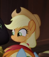 Size: 204x237 | Tagged: safe, screencap, applejack, rainbow dash, earth pony, pegasus, pony, g4, my little pony: the movie, applejack's hat, cowboy hat, cropped, cute, female, hat, jackabetes, mare, picture for breezies, puffy cheeks, smiling