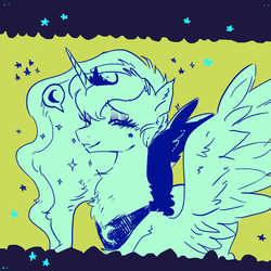 Size: 1024x1024 | Tagged: safe, artist:kkuyo, princess luna, alicorn, pony, g4, chest fluff, female, lidded eyes, limited palette, mare, smiling, solo, stars