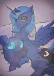 Size: 2150x3035 | Tagged: dead source, safe, artist:kkuyo, princess luna, alicorn, pony, g4, bed, blushing, butt, clothes, female, high res, mare, plot, plushie, s1 luna, smiling, socks, solo, striped socks