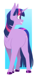 Size: 905x1900 | Tagged: safe, artist:petalierre, twilight sparkle, pony, unicorn, g4, abstract background, cute, female, grin, hooves, horn, lineless, looking back, mare, smiling, solo, twiabetes