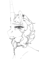 Size: 859x1279 | Tagged: safe, artist:nightmare-moons-throneroom, princess luna, pony, g4, alternate hairstyle, black and white, collar, ear piercing, earring, equalized, female, grayscale, horn, jewelry, long horn, looking at you, mare, monochrome, piercing, simple background, sketch, solo, white background