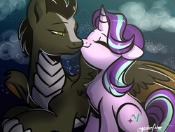 Size: 2048x1536 | Tagged: safe, artist:oofycolorful, starlight glimmer, oc, oc:draco k-night blaze, dragon, hybrid, pony, unicorn, g4, canon x oc, duo, duo male and female, eyes closed, female, kissing, male, shipping, smiling, starlaco, straight