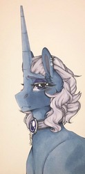 Size: 630x1280 | Tagged: safe, artist:nightmare-moons-throneroom, princess luna, pony, g4, alternate hair color, alternate hairstyle, collar, ear piercing, earring, equalized, female, horn, jewelry, long horn, looking at you, mare, piercing, simple background, solo