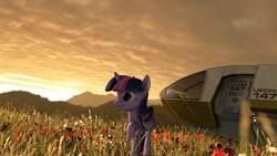 Size: 3840x2160 | Tagged: safe, artist:beanswithsauce, twilight sparkle, alicorn, pony, g4, 3d, female, high res, scenery, solo, source filmmaker, spaceship, sunset, twilight sparkle (alicorn)