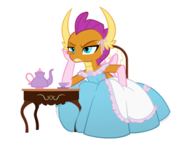 Size: 900x729 | Tagged: safe, artist:queencold, smolder, dragon, g4, chair, claws, clothes, commission, cup, dragon wings, dragoness, dress, fangs, female, frown, gloves, gown, hilarious in hindsight, humiliation, leaning, long gloves, princess smolder, smolder also dresses in style, smolder is not amused, smoldere, solo, sulking, table, teacup, teapot, tomboy taming, transparent background, tsundere, unamused, vector, wings