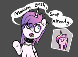 Size: 2036x1480 | Tagged: safe, artist:davierocket, princess cadance, princess flurry heart, alicorn, pony, g4, alternate hairstyle, choker, eyeliner, goth, it's a phase, jewelry, makeup, necklace, piercing, princess emo heart, simple background, speech bubble, spiked choker, text