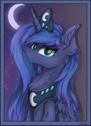 Size: 2040x2835 | Tagged: safe, artist:check3256, princess luna, alicorn, pony, g4, crescent moon, crown, female, fluffy, high res, jewelry, looking at you, mare, moon, necklace, night, regalia, stars, transparent moon