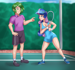 Size: 1517x1400 | Tagged: safe, artist:thebrokencog, bon bon, spike, sweetie drops, human, g4, clothes, commission, dress, humanized, sports, sports dress, tennis, tennis racket