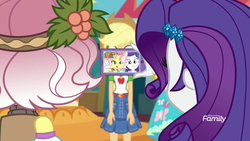 Size: 1280x720 | Tagged: safe, screencap, applejack, fluttershy, rarity, vignette valencia, equestria girls, equestria girls series, g4, rollercoaster of friendship, beauty mark, camera shot, cellphone, clothes, denim skirt, discovery family logo, female, flower, flower in hair, holly, me my selfie and i, phone, selfie, skirt, smartphone