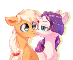 Size: 3600x2972 | Tagged: safe, artist:rizzych, applejack, rarity, earth pony, pony, unicorn, g4, blushing, curved horn, cute, female, high res, horn, jackabetes, lesbian, lidded eyes, looking at each other, mare, raribetes, ship:rarijack, shipping, simple background, tongue out, transparent background