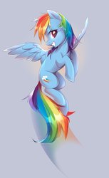Size: 1589x2600 | Tagged: safe, artist:makaronder, rainbow dash, pegasus, pony, g4, backwards cutie mark, cute, dashabetes, female, flying, gray background, mare, profile, simple background, smiling, solo, spread wings, wings