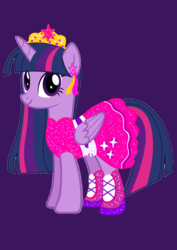 Size: 1000x1414 | Tagged: safe, artist:php185, twilight sparkle, alicorn, pony, g4, boots, clothes, dress, equestria girls ponified, fall formal outfits, female, ponified, purple background, shoes, simple background, solo, twilight ball dress, twilight sparkle (alicorn)