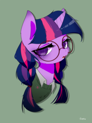 Size: 1190x1603 | Tagged: safe, artist:potetecyu_to, twilight sparkle, alicorn, pony, g4, alternate hairstyle, braid, braided pigtails, bust, clothes, cute, female, glasses, green background, looking at you, mare, portrait, round glasses, simple background, solo, sweater, twiabetes, twilight sparkle (alicorn)