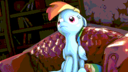 Size: 1280x720 | Tagged: safe, artist:drdicksamazingstick, rainbow dash, pegasus, pony, 3d, animated, balancing, couch, cross-eyed, cute, dashabetes, eyes on the prize, female, floppy ears, perfect loop, ponies balancing stuff on their nose, raised hoof, sitting, source filmmaker, sugarcube, tongue out, treat on nose