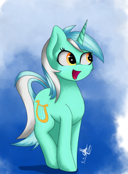 Size: 1472x1990 | Tagged: safe, artist:ironbeastz, lyra heartstrings, pony, unicorn, g4, abstract background, cute, female, happy, lyrabetes, mare, smiling, solo