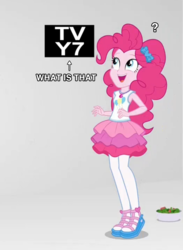 Size: 1048x1434 | Tagged: safe, edit, edited screencap, screencap, pinkie pie, equestria girls, equestria girls series, g4, rollercoaster of friendship, breaking the fourth wall, cropped, female, food, fourth wall, geode of sugar bombs, question mark, salad, smiling, solo, tv rating, tv-y7