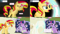 Size: 2564x1444 | Tagged: safe, artist:hakunohamikage, sunset shimmer, twilight sparkle, alicorn, pegasus, pony, unicorn, ask-princesssparkle, g4, angry, armor, ask, breakdown, dusk guard, fake, fake sunset, injured, magic, mistake, regret, tumblr, twilight sparkle (alicorn), twilight's royal guard, worried