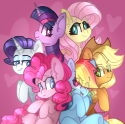 Size: 2010x2000 | Tagged: safe, artist:evelynchie, applejack, fluttershy, pinkie pie, rainbow dash, rarity, twilight sparkle, alicorn, earth pony, pegasus, pony, unicorn, g4, applejack's hat, best friends until the end of time, blushing, cowboy hat, eye clipping through hair, eyebrows, eyebrows visible through hair, female, hat, high res, looking at you, mane six, mare, scene interpretation, twilight sparkle (alicorn)