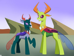 Size: 1024x768 | Tagged: safe, artist:kaizo111, pharynx, thorax, changedling, changeling, g4, brothers, changedling brothers, height difference, king thorax, male, prince pharynx